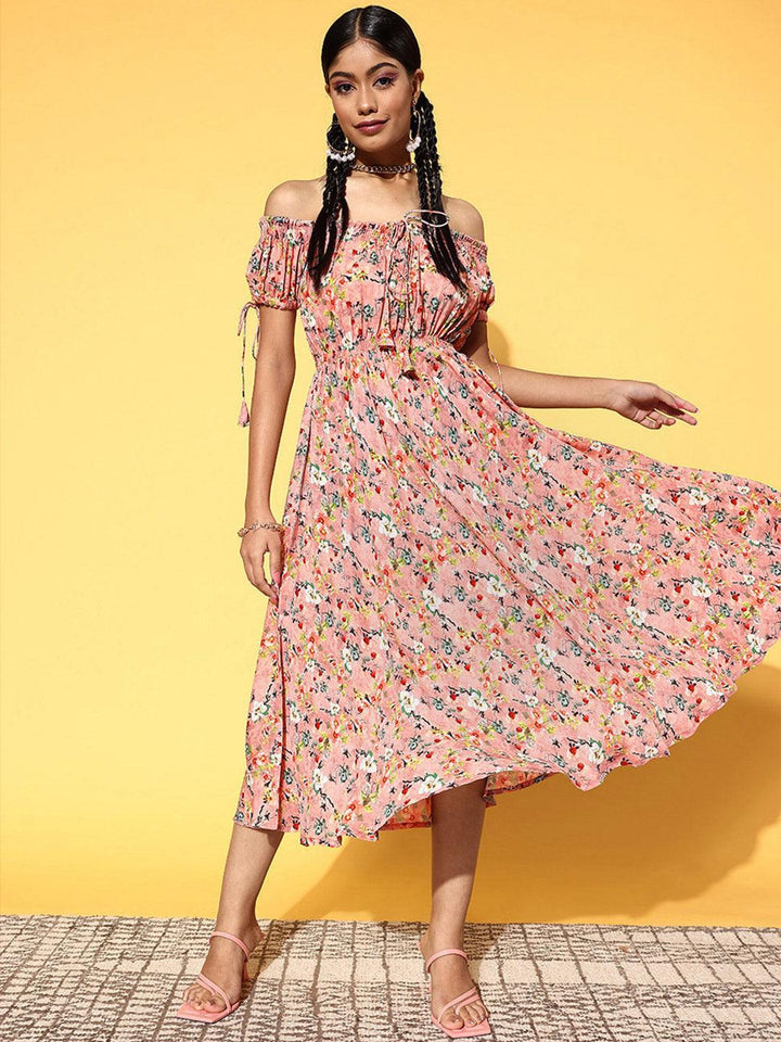Pink Printed Georgette Fit and Flare Dress
