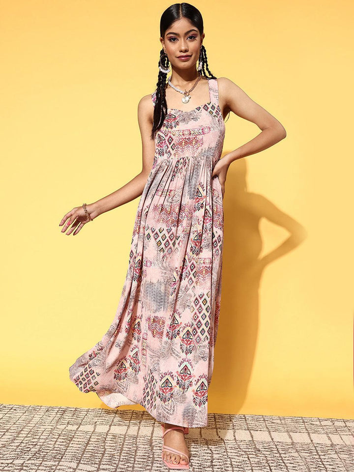 Pink Printed Georgette Fit and Flare Dress