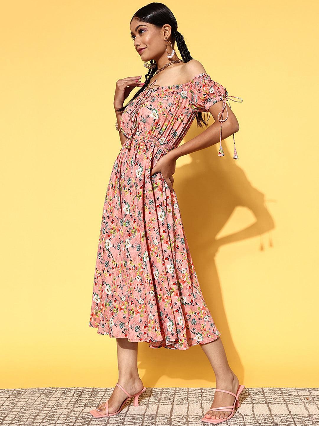 Pink Printed Georgette Fit and Flare Dress - ShopLibas