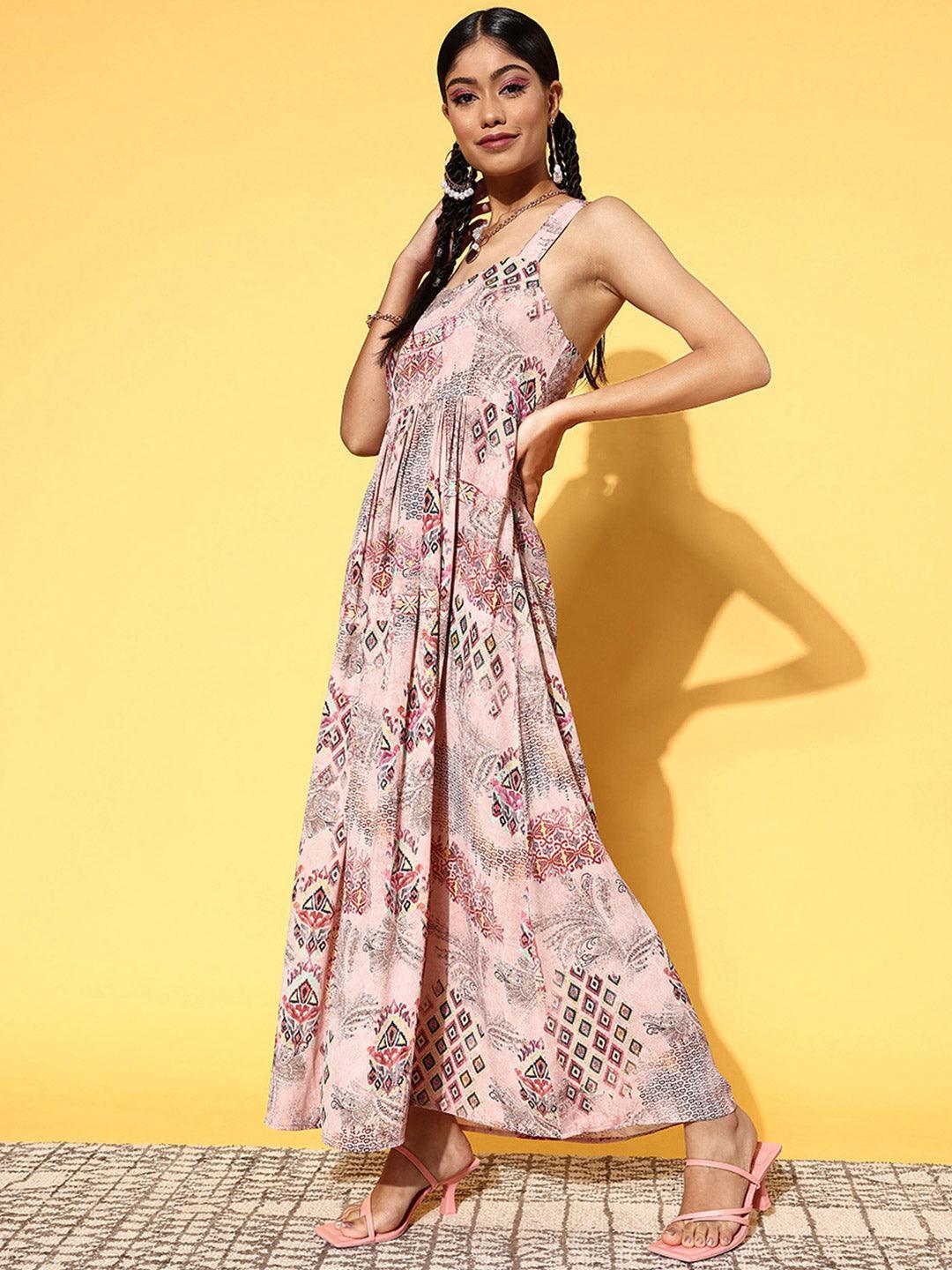 Pink Printed Georgette Fit and Flare Dress - ShopLibas