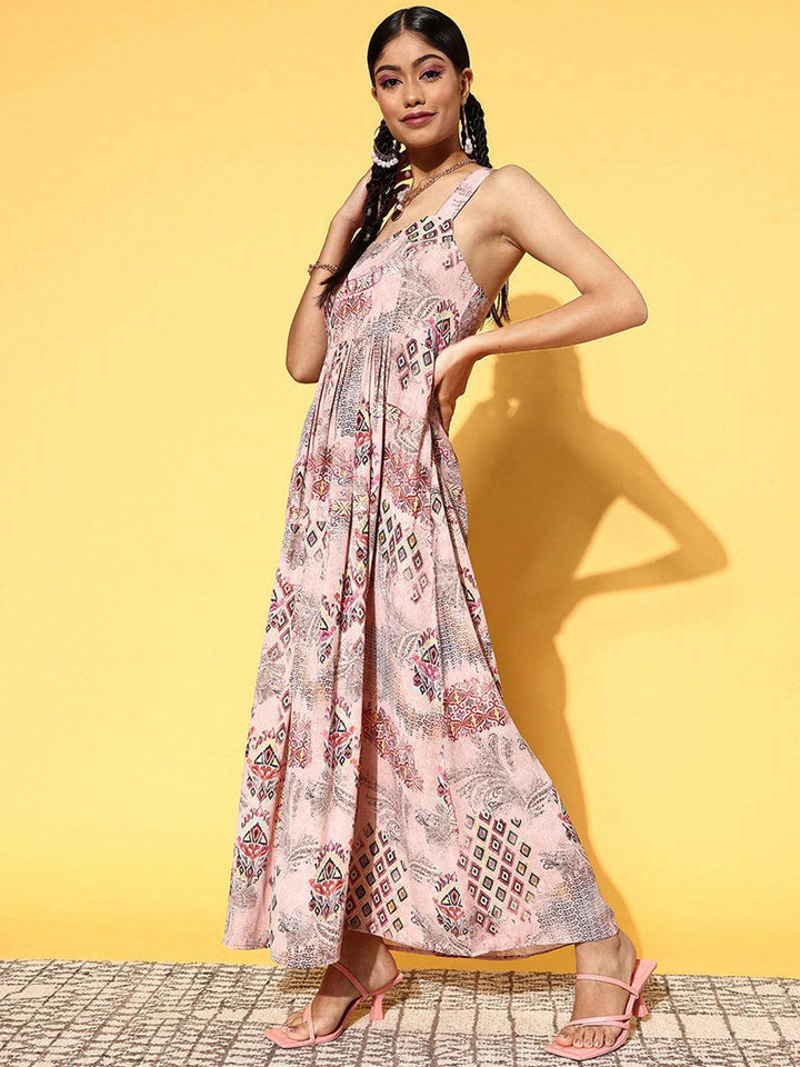 Pink Printed Georgette Fit and Flare Dress