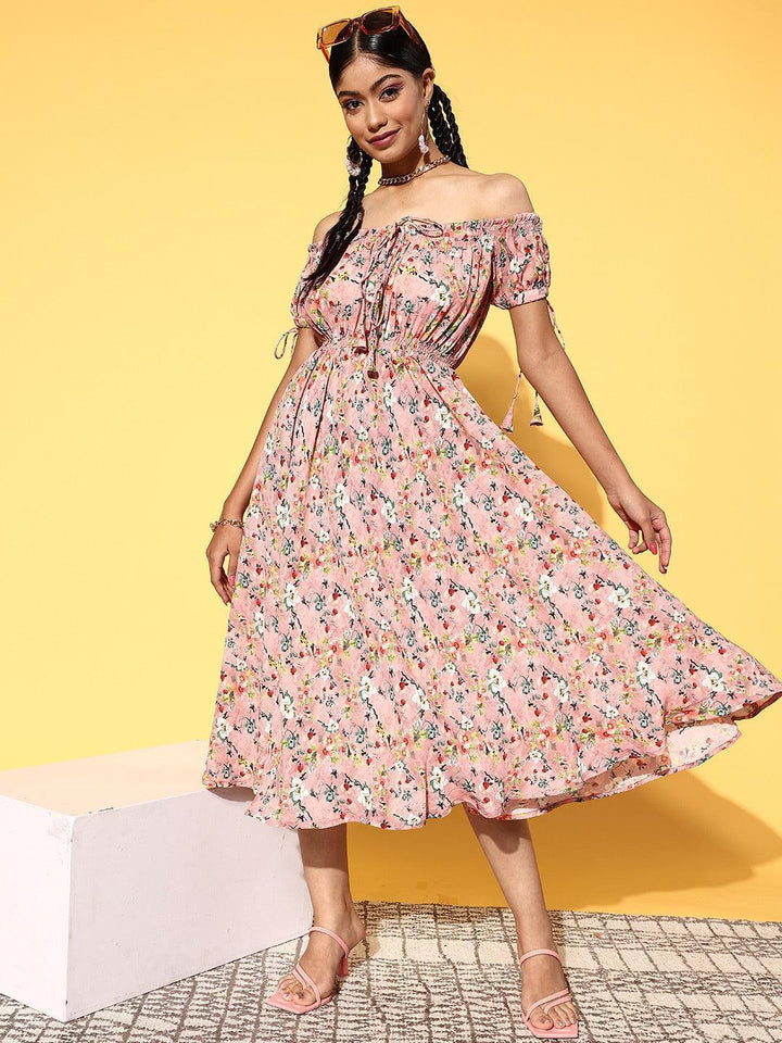 Pink Printed Georgette Fit and Flare Dress