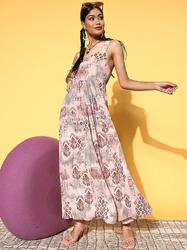 Pink Printed Georgette Fit and Flare Dress