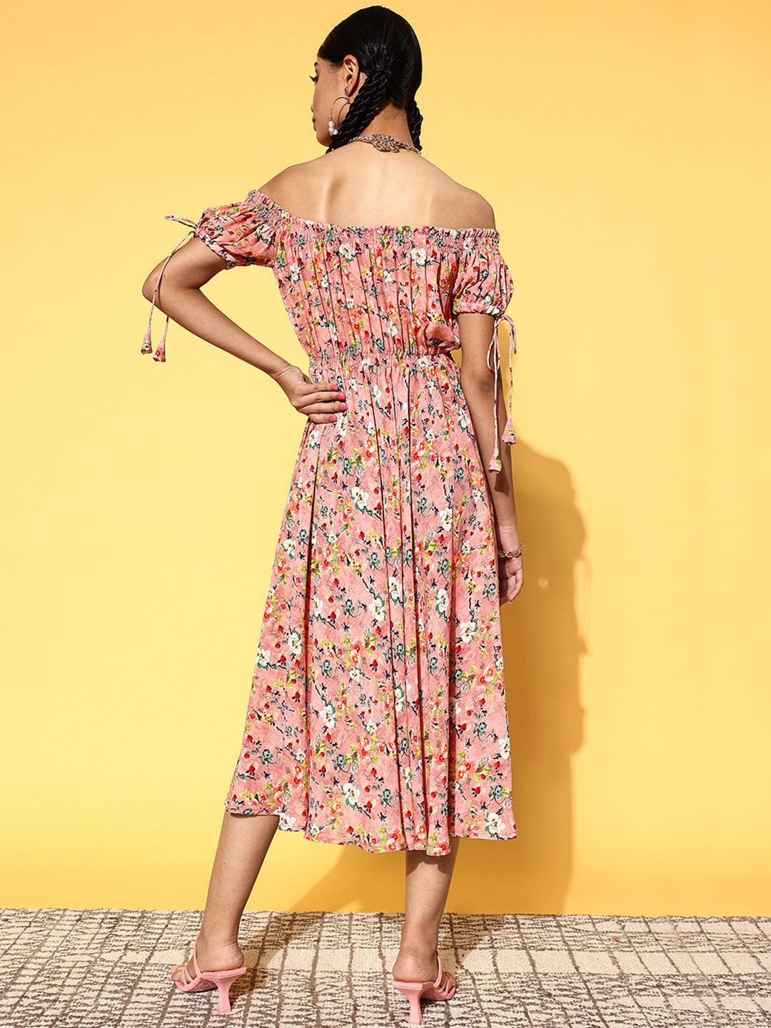 Pink Printed Georgette Fit and Flare Dress - ShopLibas