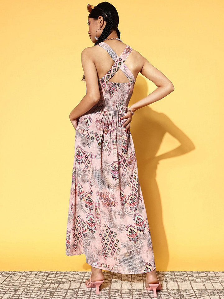 Pink Printed Georgette Fit and Flare Dress