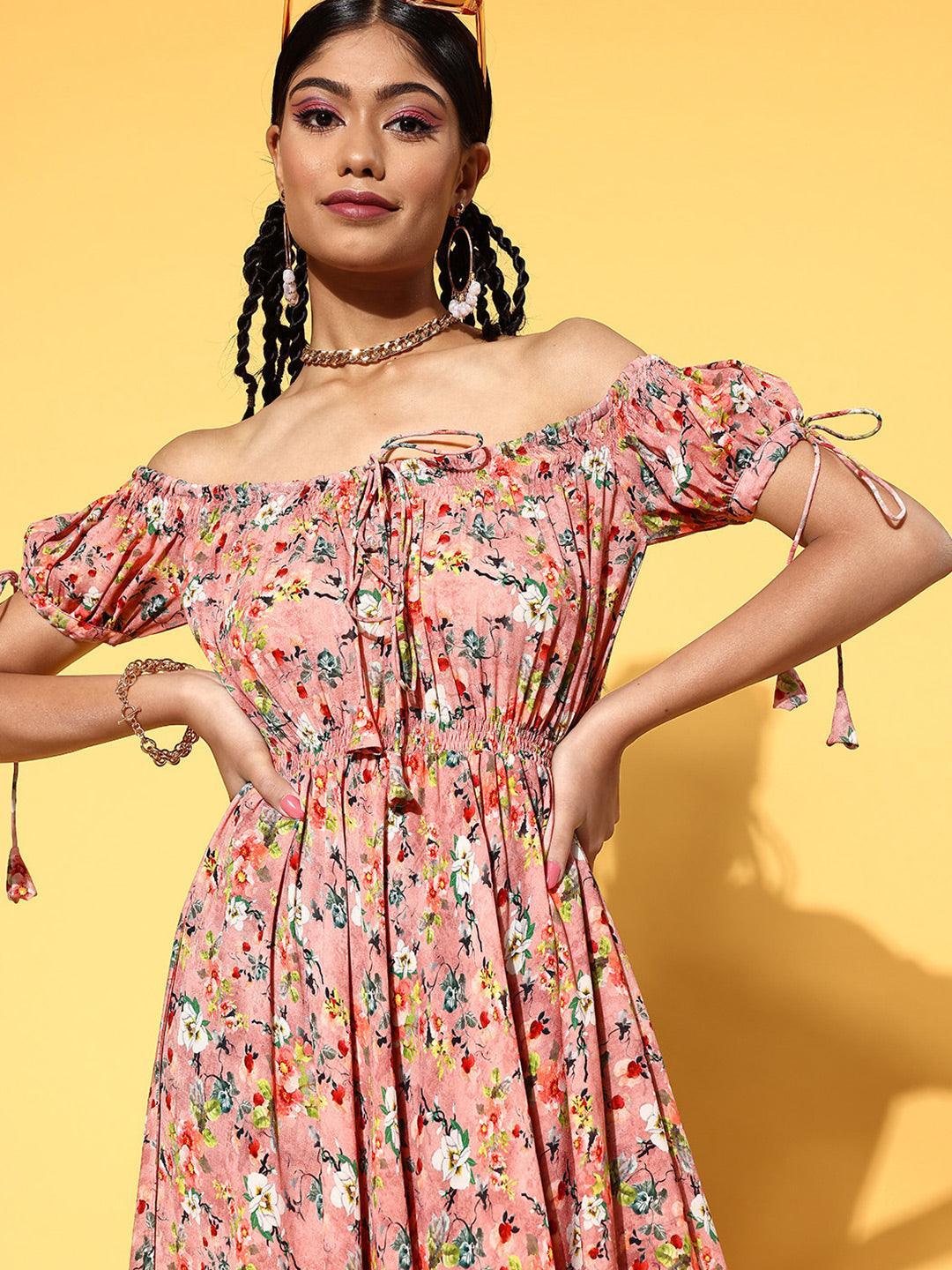 Pink Printed Georgette Fit and Flare Dress - ShopLibas