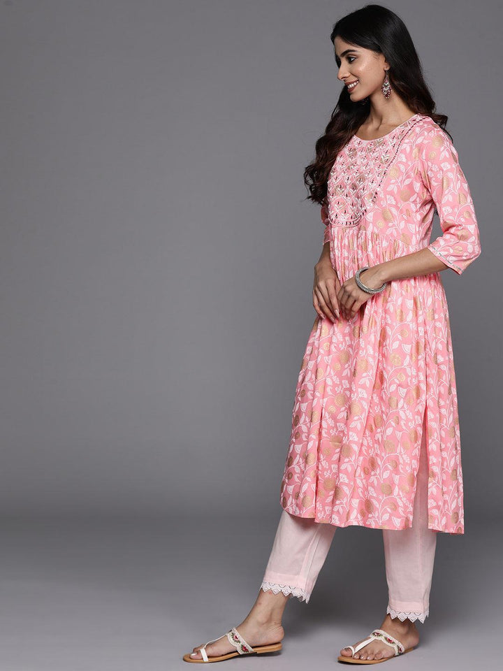 Pink Printed Rayon A-Line Kurta