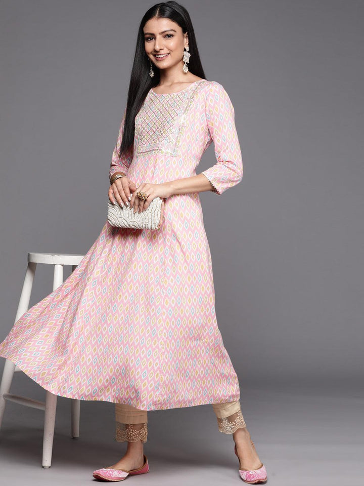 Pink Printed Rayon A-Line Kurta