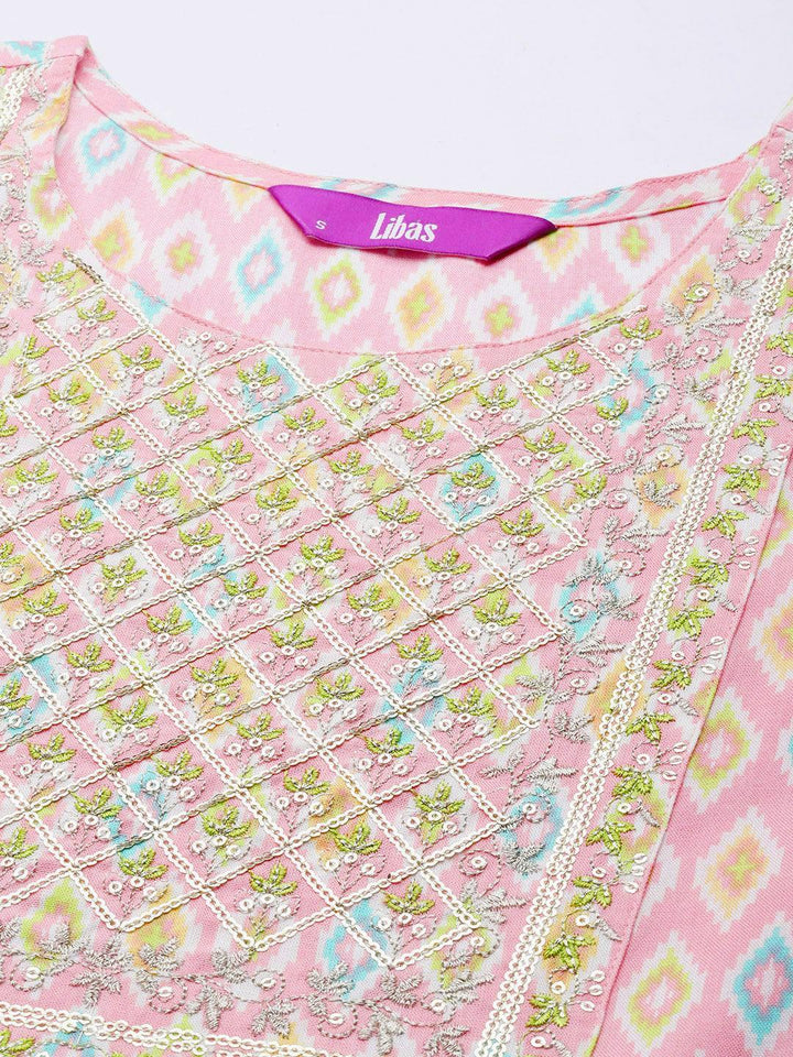 Pink Printed Rayon A-Line Kurta