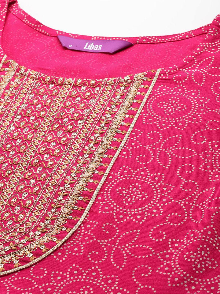 Pink Printed Rayon A-Line Kurta With Trousers & Dupatta