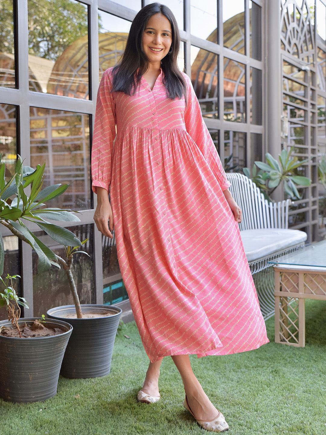 Pink Printed Rayon Fit and Flare Dress Pink Printed Rayon Fit and Flare Dress