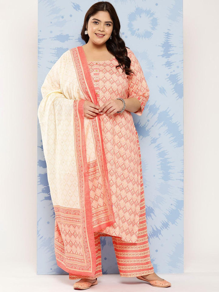 Pink Printed Rayon Straight Kurta With Trousers and Dupatta