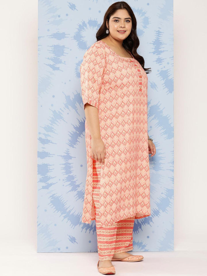 Pink Printed Rayon Straight Kurta With Trousers and Dupatta