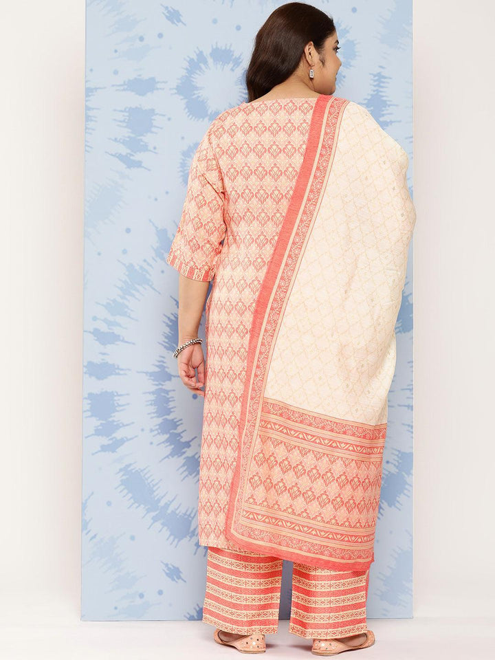 Pink Printed Rayon Straight Kurta With Trousers and Dupatta