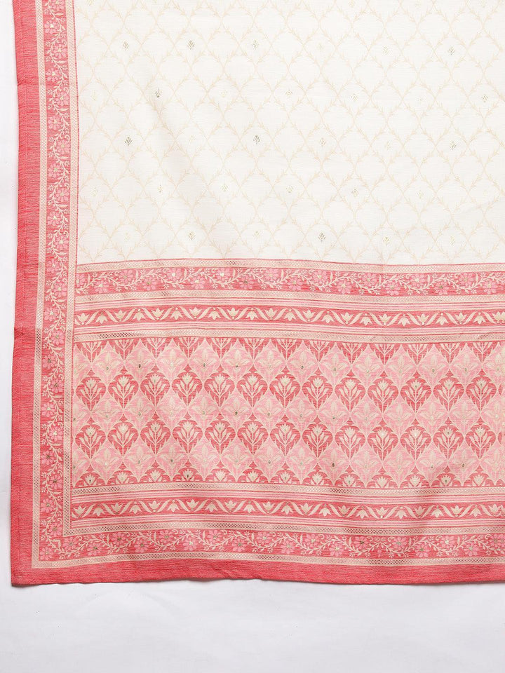 Pink Printed Rayon Straight Kurta With Trousers & Dupatta