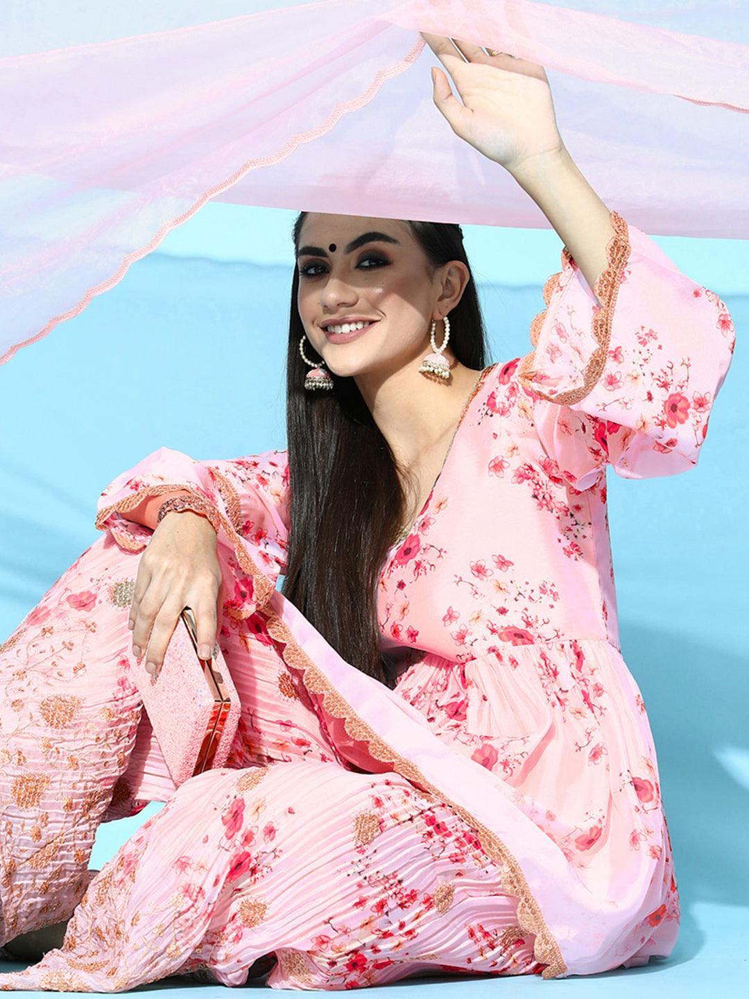 Pink Printed Satin Anarkali Suit Set - ShopLibas