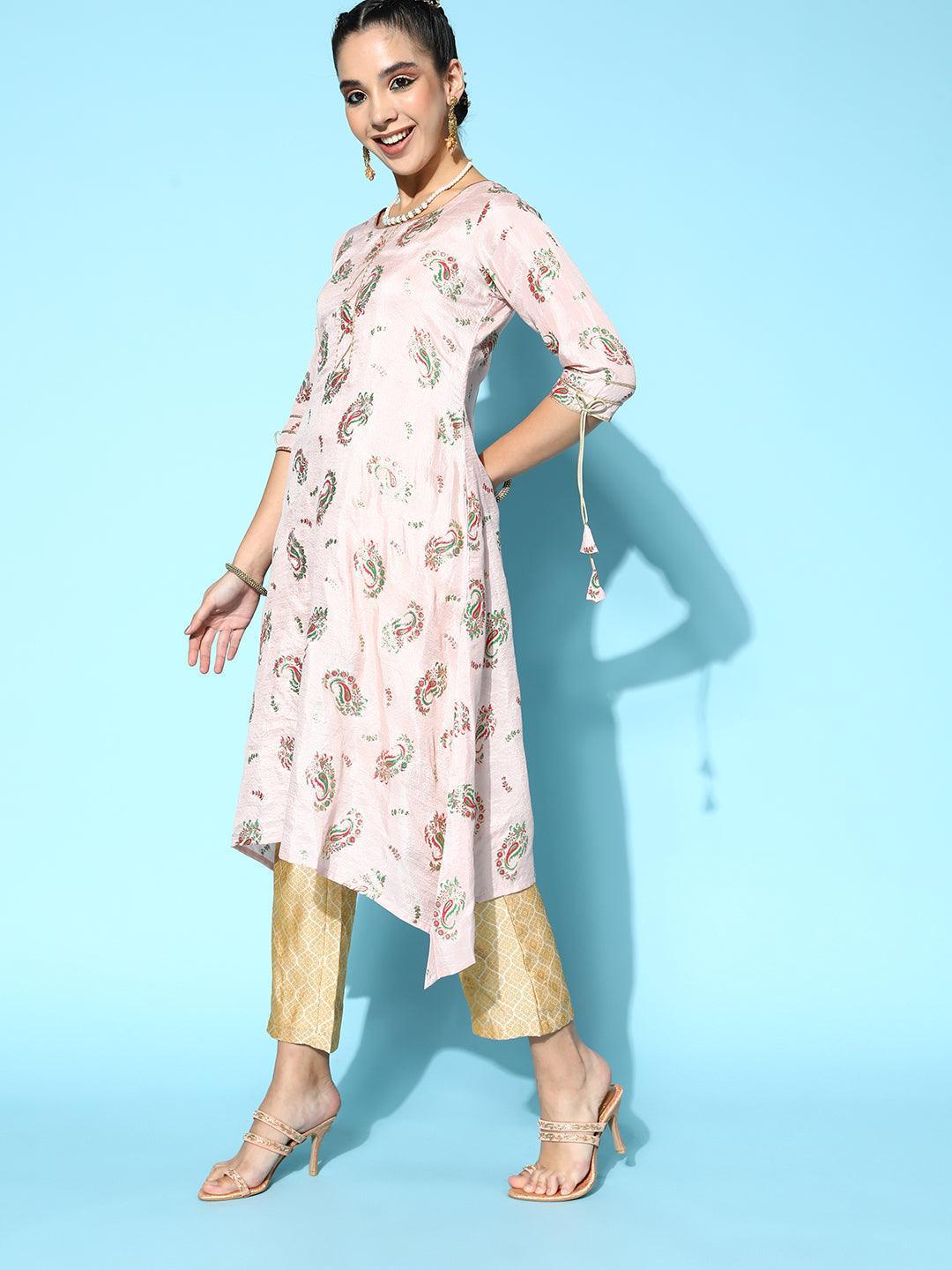 Pink Printed Silk A-Line Kurta - ShopLibas
