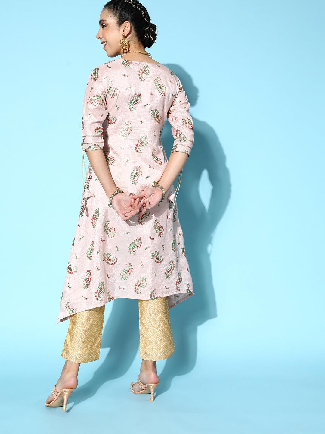 Pink Printed Silk A-Line Kurta - ShopLibas