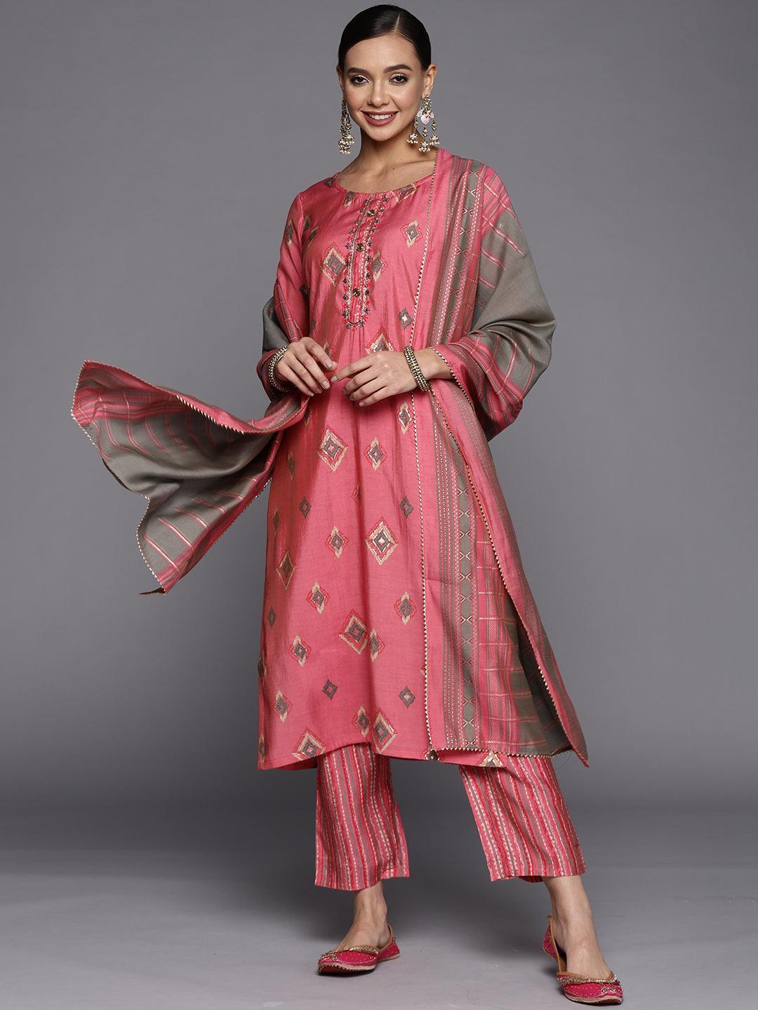 Pink Printed Silk Blend Straight Suit Set main image 0