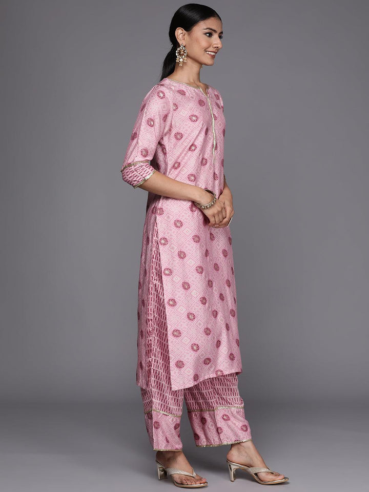 Pink Printed Silk Blend Straight Suit Set