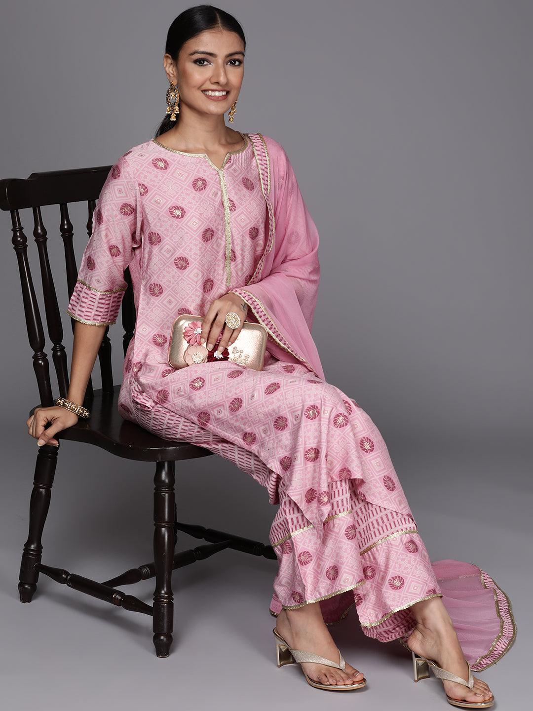 Pink Printed Silk Blend Straight Suit Set - ShopLibas