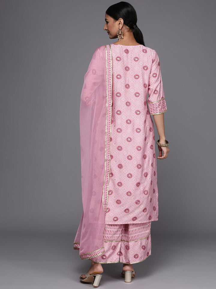 Pink Printed Silk Blend Straight Suit Set