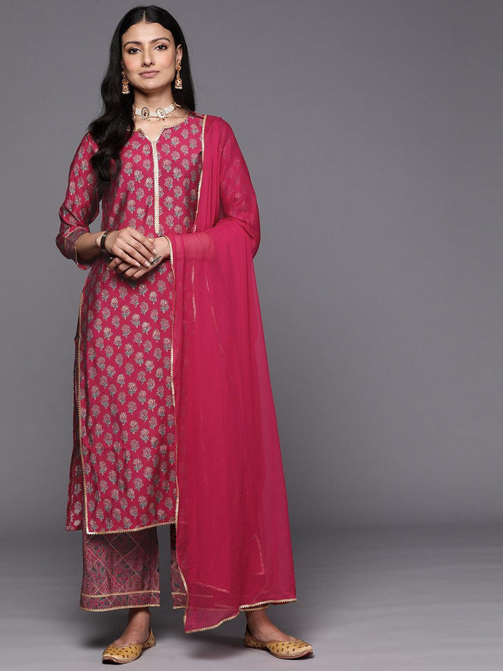 Pink Printed Silk Blend Straight Suit Set With Palazzos