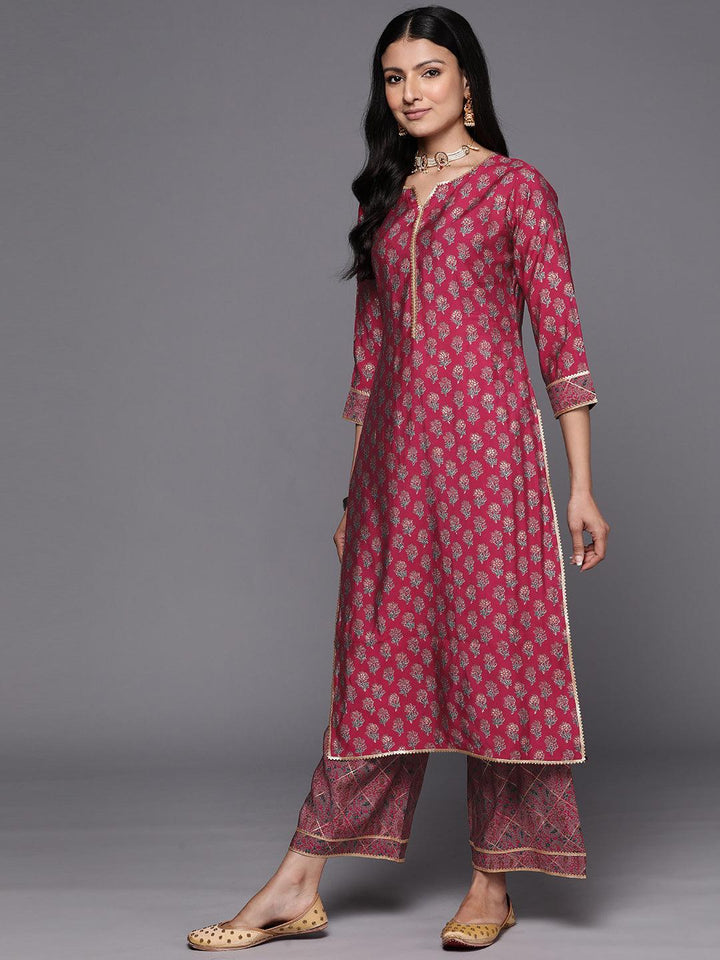 Pink Printed Silk Blend Straight Suit Set With Palazzos