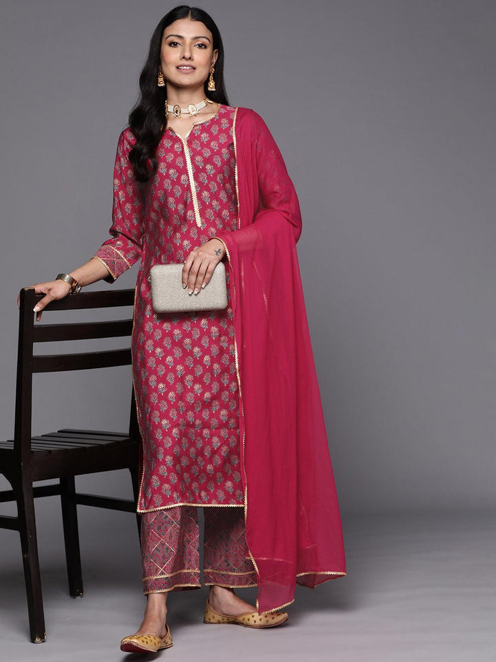 Pink Printed Silk Blend Straight Suit Set With Palazzos