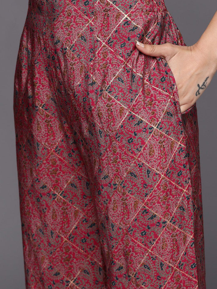 Pink Printed Silk Blend Straight Suit Set With Palazzos