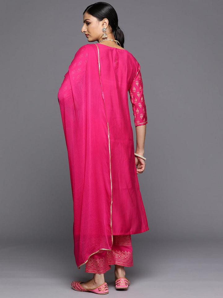 Pink Printed Silk Blend Straight Kurta With Trousers & Dupatta