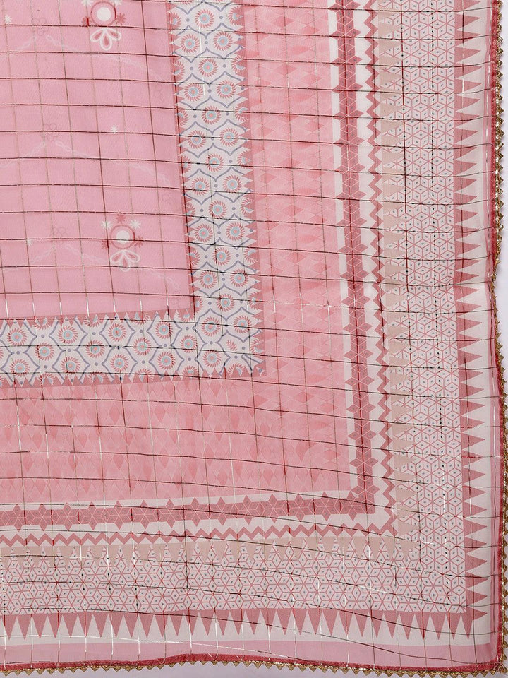 Pink Printed Silk Blend Straight Kurta With Trousers & Dupatta
