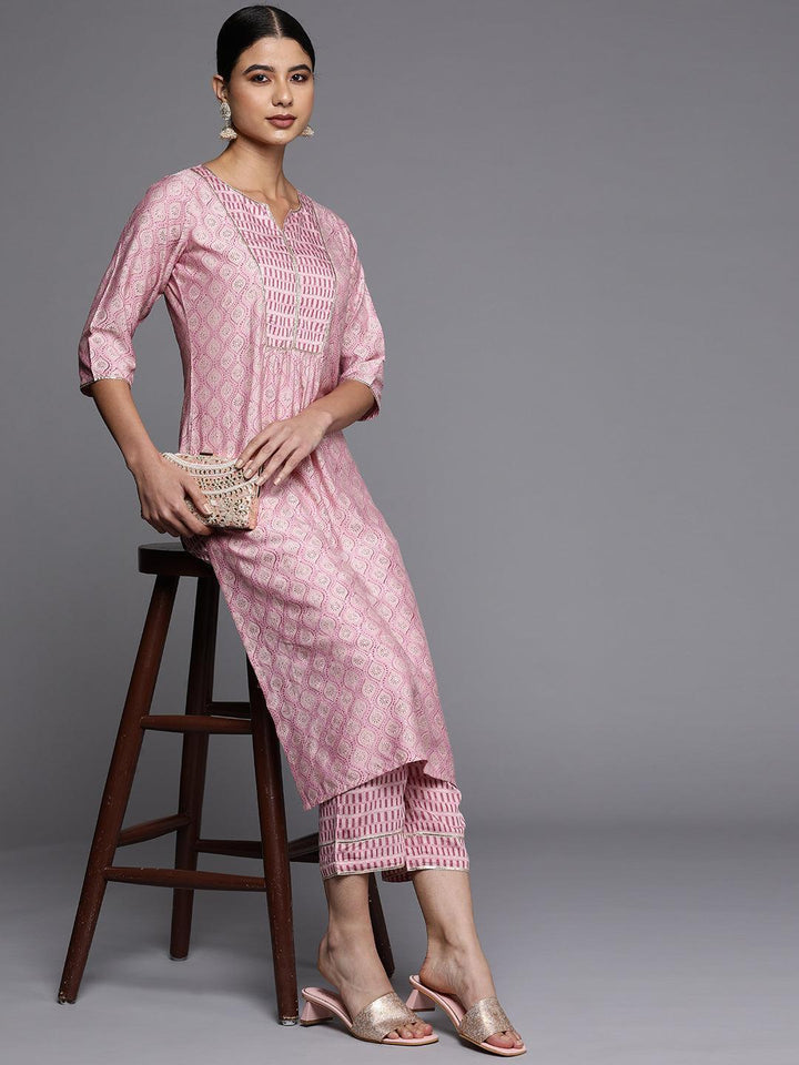 Pink Printed Silk Straight Kurta