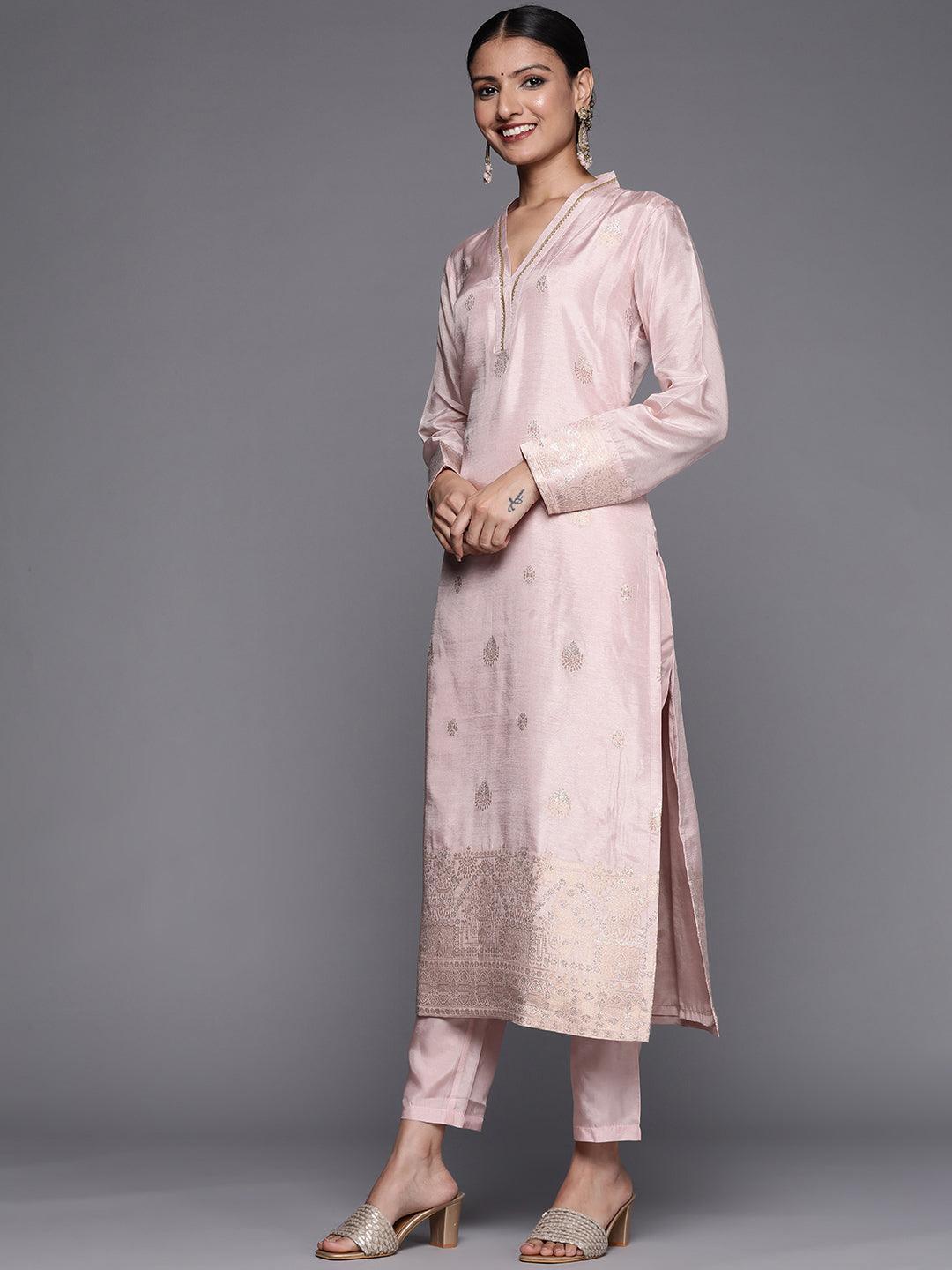 Pink Self Design Chanderi Silk Straight Suit Set - ShopLibas