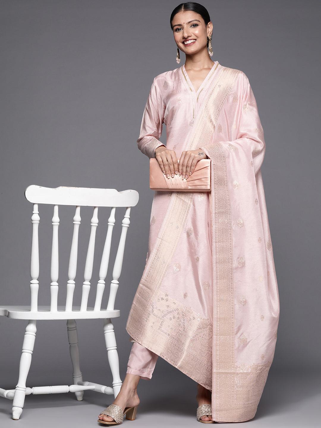 Pink Self Design Chanderi Silk Straight Suit Set - ShopLibas
