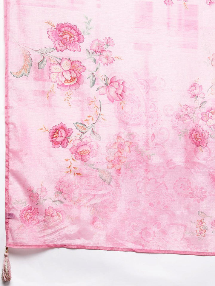 Pink Self Design Rayon Straight Kurta With Trousers & Dupatta