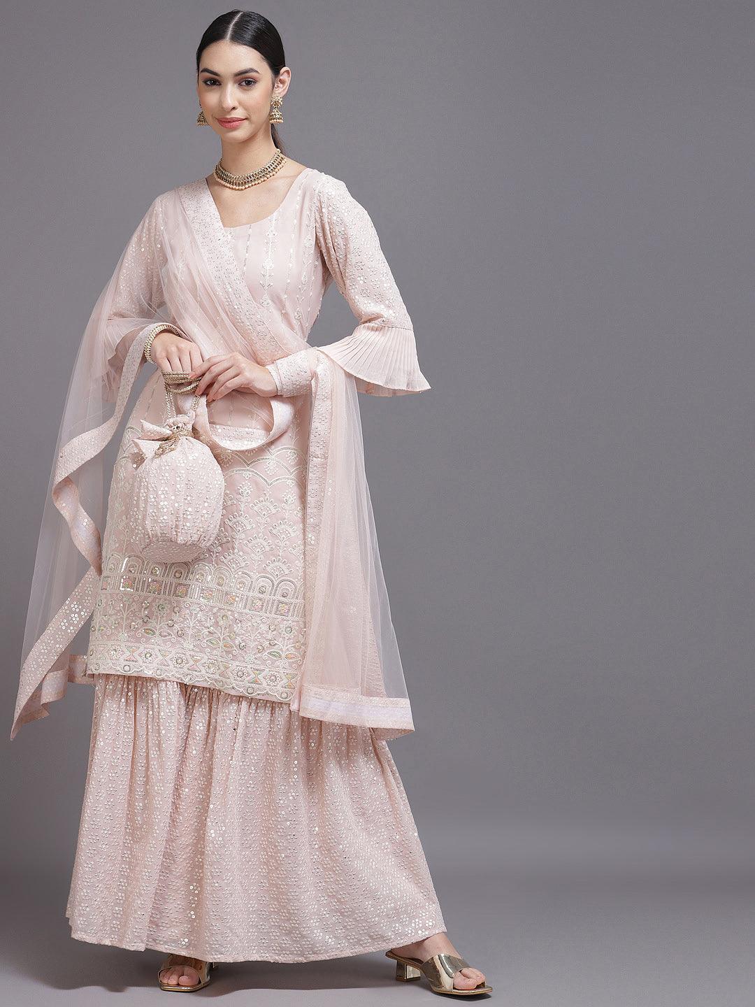 Pink Sequinned Georgette Straight Suit Set With Potli - ShopLibas