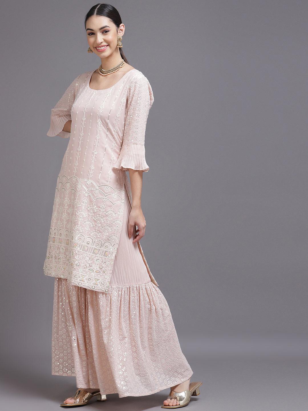 Pink Sequinned Georgette Straight Suit Set With Potli - ShopLibas