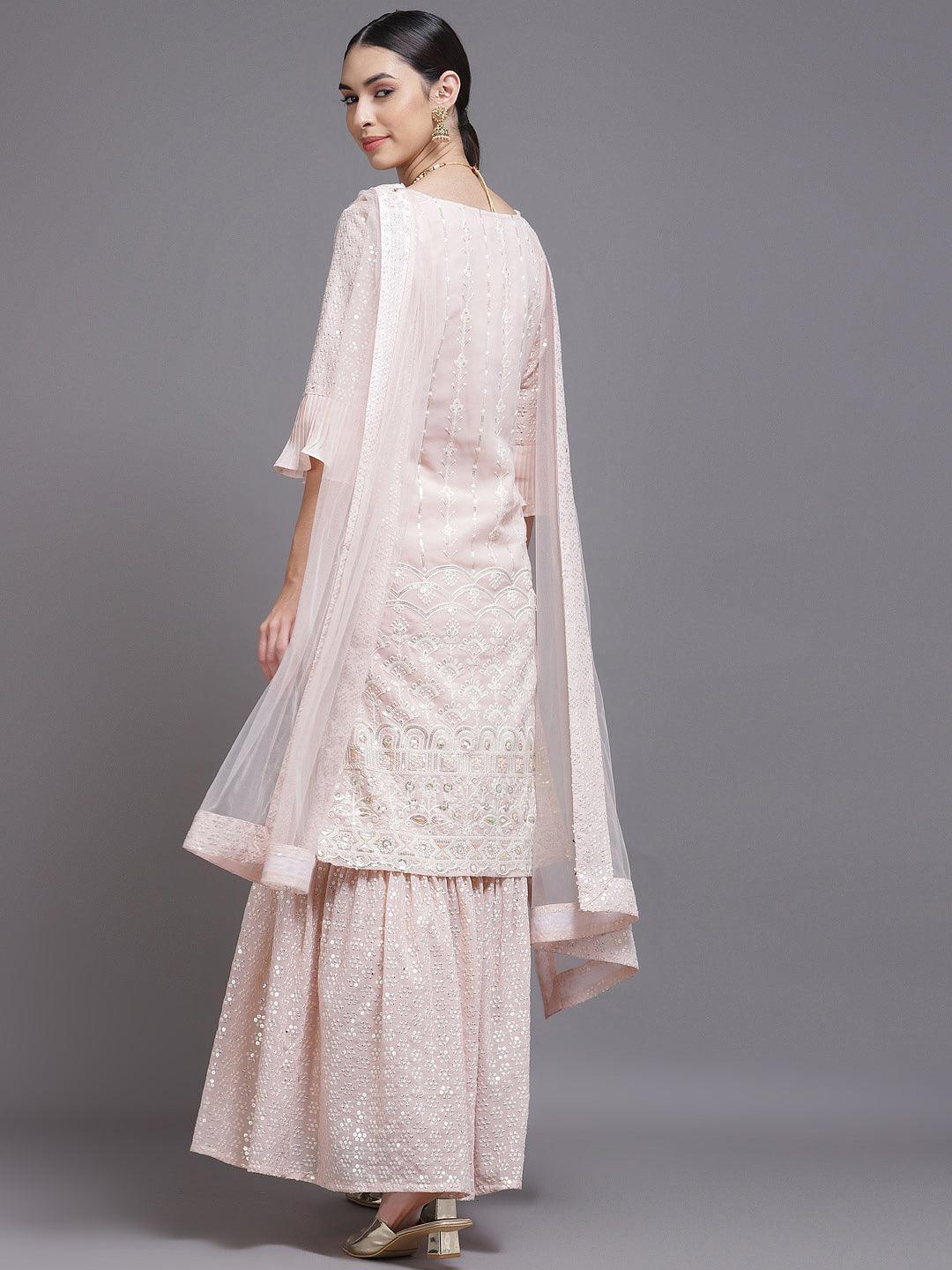 Pink Sequinned Georgette Straight Suit Set With Potli - ShopLibas