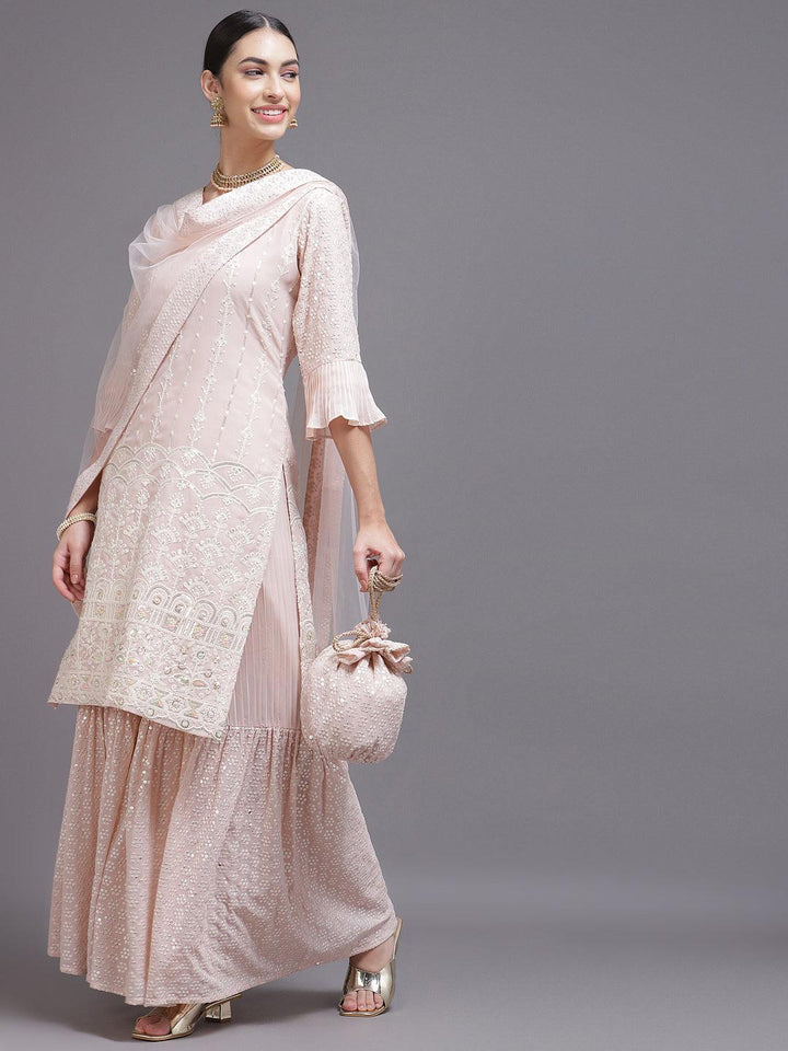 Pink Sequinned Georgette Straight Suit Set With Potli