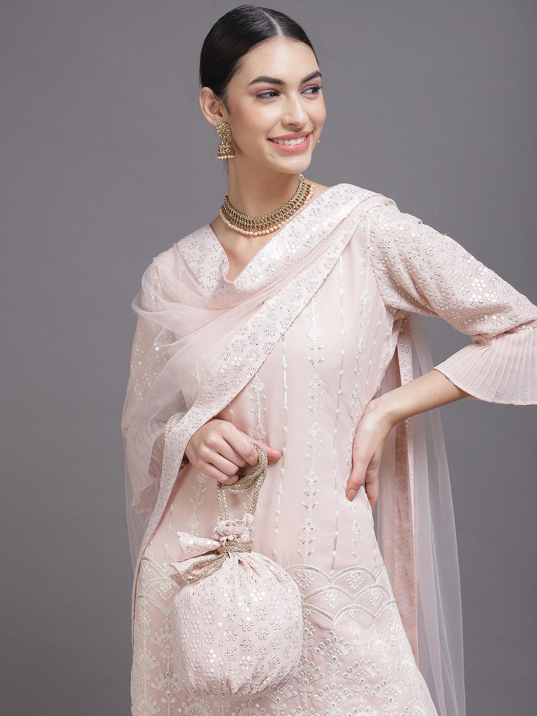 Pink Sequinned Georgette Straight Suit Set With Potli - ShopLibas