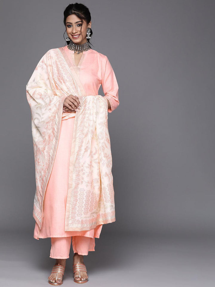 Pink Solid Cotton Straight Kurta With Palazzos & Dupatta