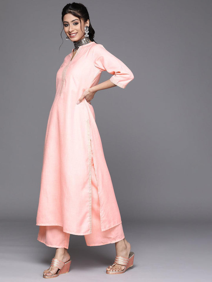 Pink Solid Cotton Straight Kurta With Palazzos & Dupatta
