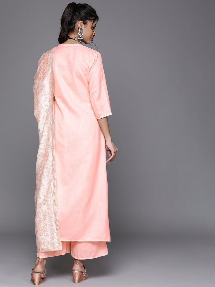 Pink Solid Cotton Straight Kurta With Palazzos & Dupatta