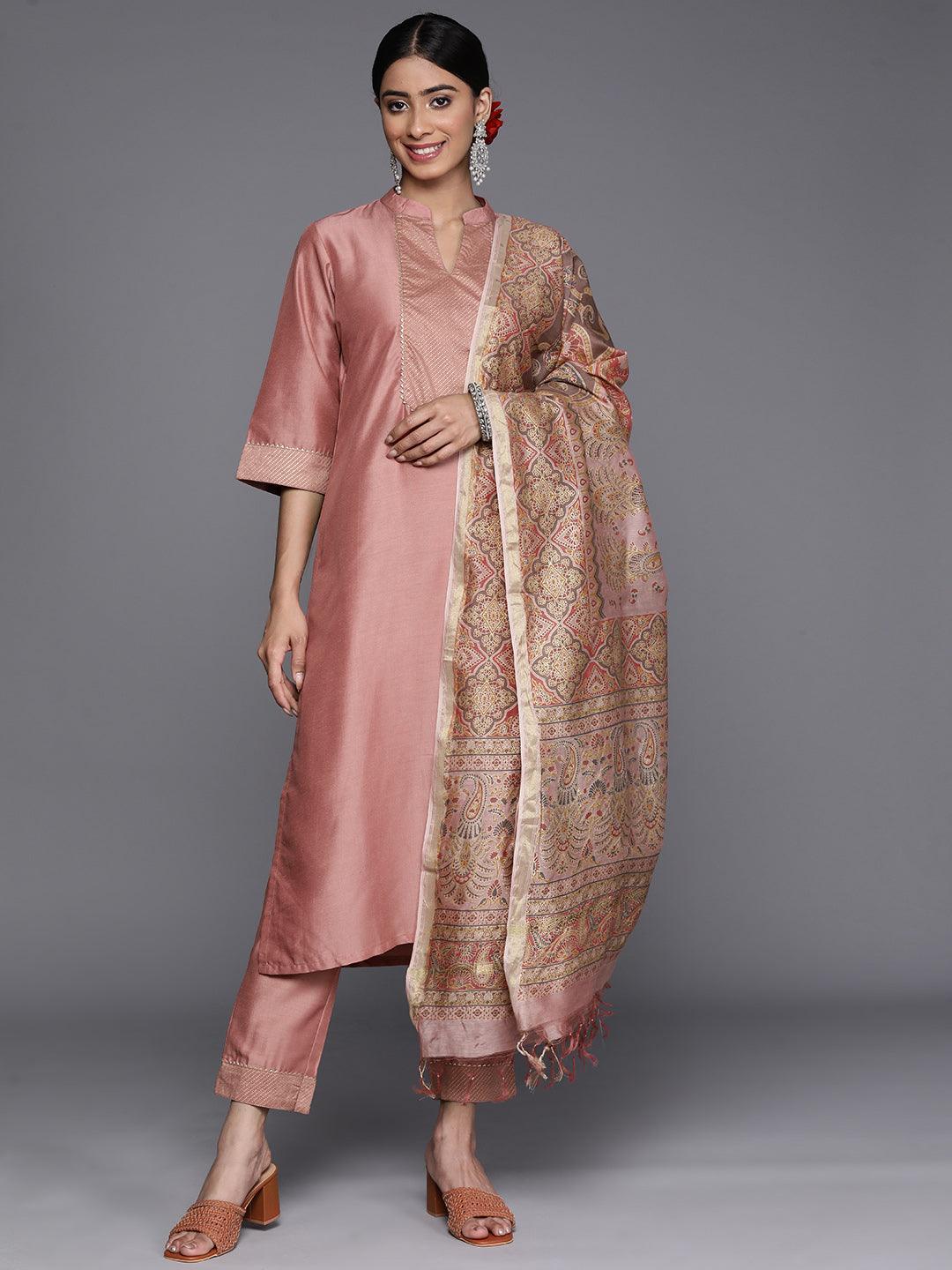 Pink Solid Silk Blend Straight Suit Set With Trousers - ShopLibas