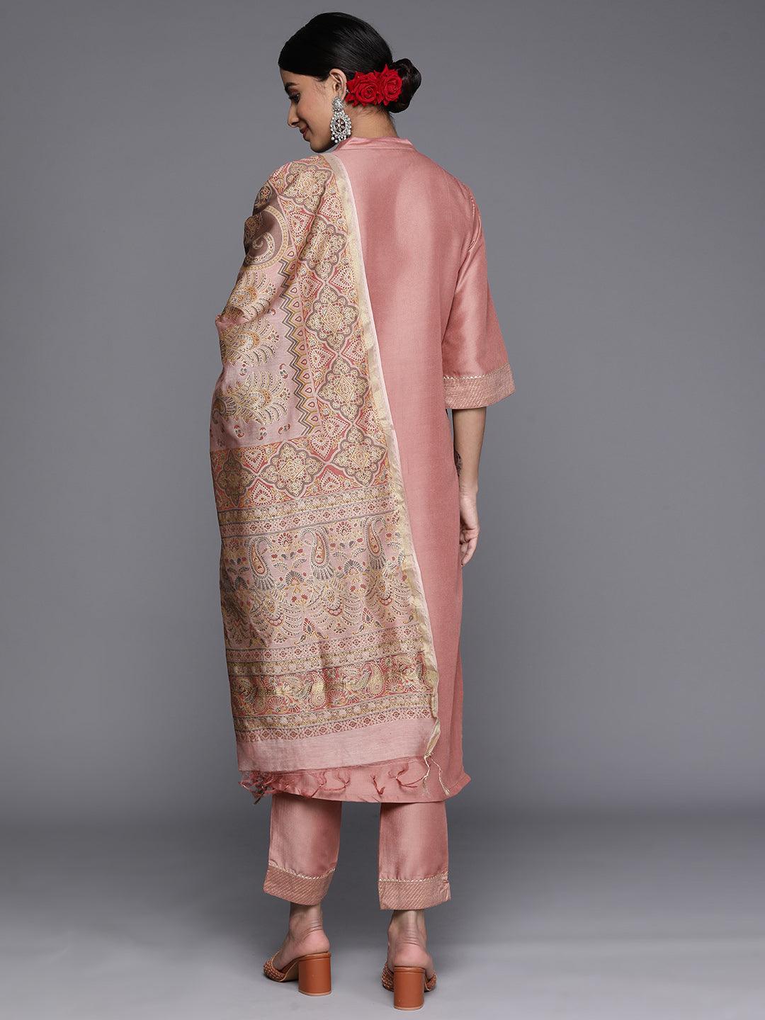 Pink Solid Silk Blend Straight Suit Set With Trousers - ShopLibas