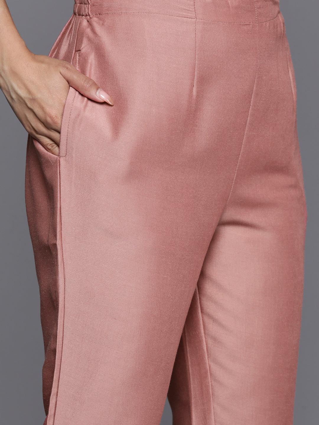 Pink Solid Silk Blend Straight Suit Set With Trousers - ShopLibas