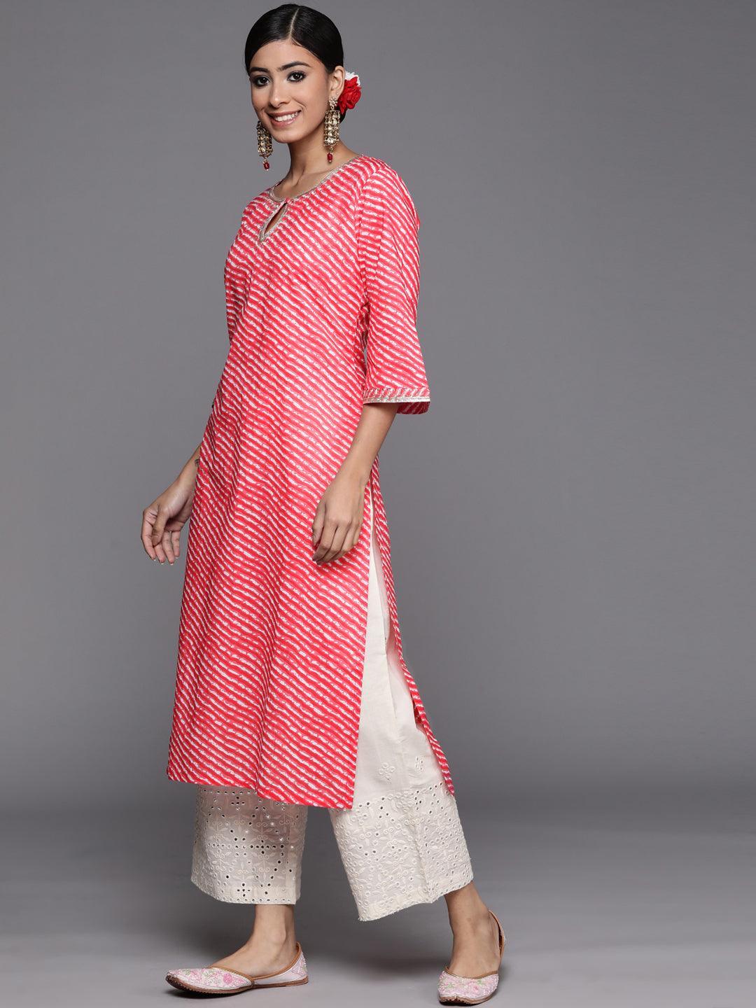 Pink Striped Cotton Straight Kurta - ShopLibas