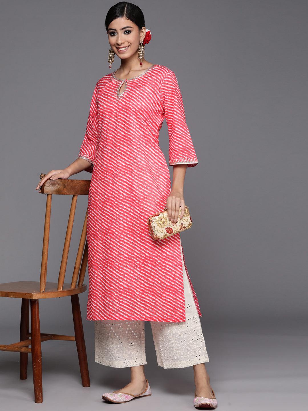Pink Striped Cotton Straight Kurta - ShopLibas