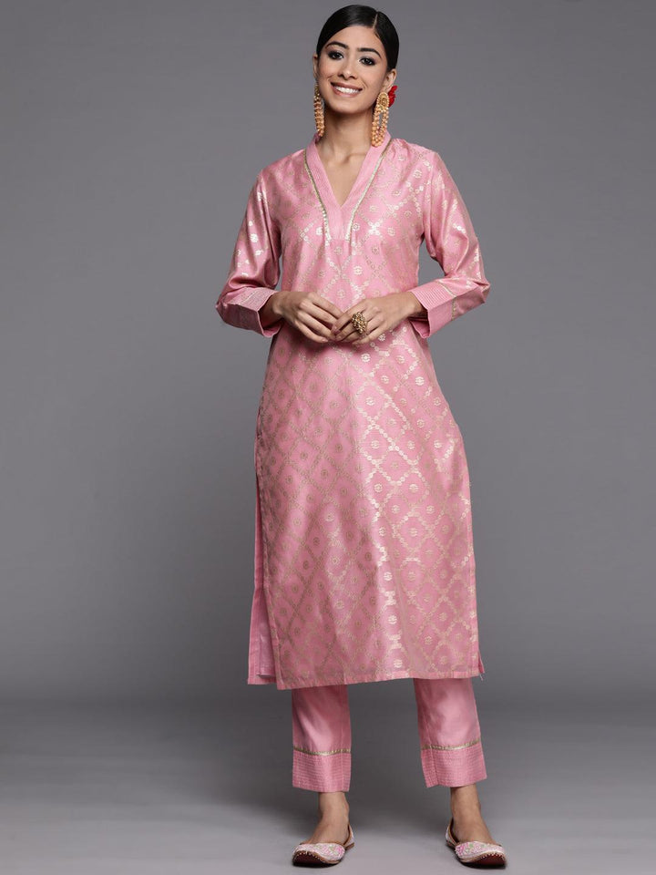 Pink Woven Design Chanderi Silk Straight Kurta